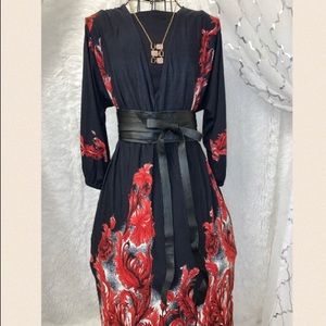 Venus Collection Black & Red Floral Detailed Mid Sleeve Summer Midi Dress size S